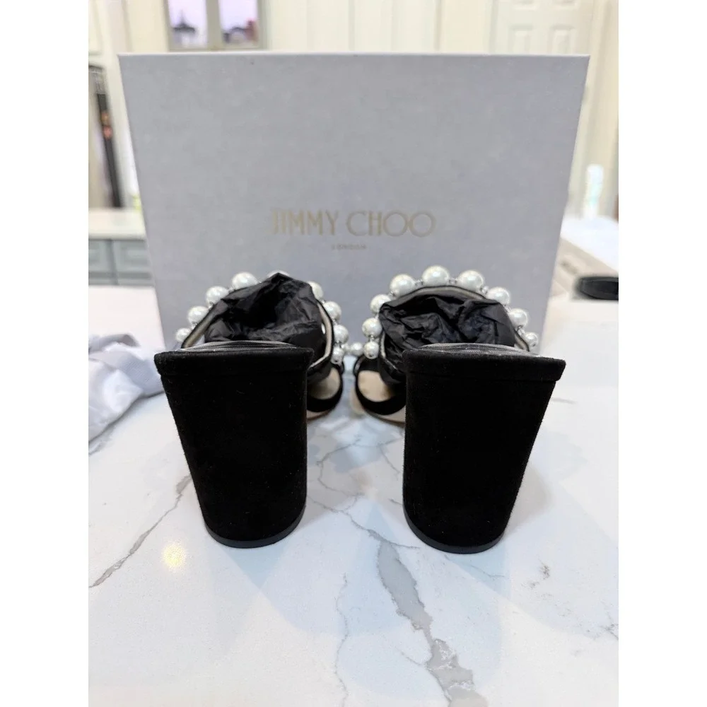 Jimmy Choo Sandals Amara 85 Black Suede Pearl  Block Heel‎ Size 40/US 10